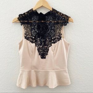 Lipsy London Cream Peplum Black Lace Tie Blouse